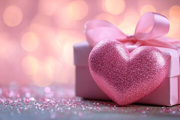 Fototapeta premium A romantic scene featuring a glittery pink heart and a beautifully wrapped gift, ideal for Valentine's Day, weddings, or anniversaries, evoking love and warmth.