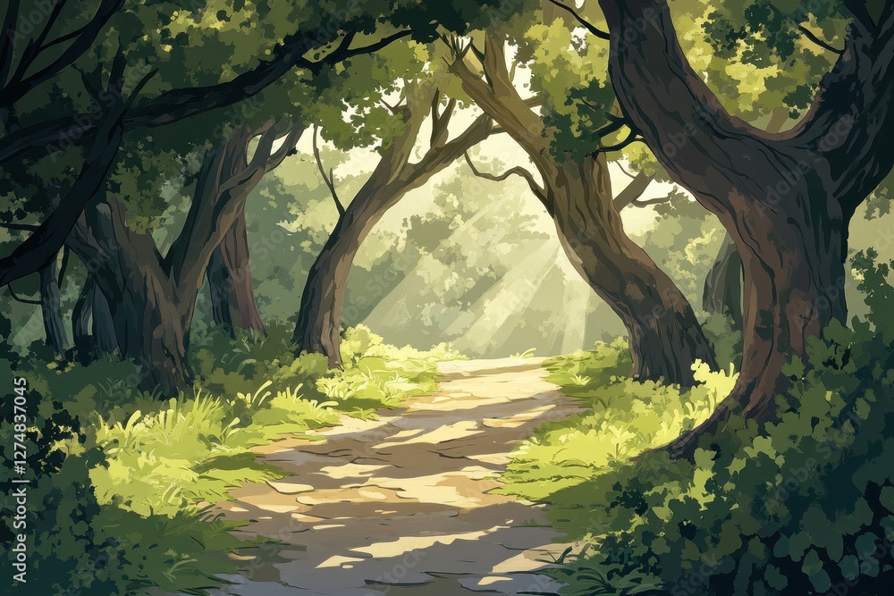 Poster sunlight streams through trees illuminating a path in the forest
