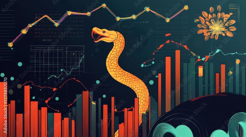 Poster abstract visualization of data trends with serpent and graph elements