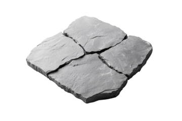 Gray stone slab with four pieces of stone on it, isolated