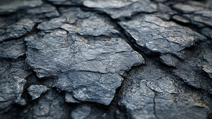 Abstract natural pattern of rugged dark shale rock texture, showcasing a rough black-gray stone surface, symbolizing chaos, resilience, and the beauty in imperfection. 3D render with bright tone