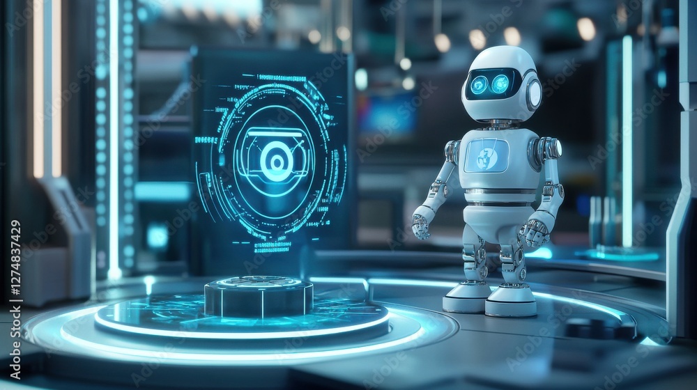 Aufkleber cute futuristic robot with digital interface in high-tech environment