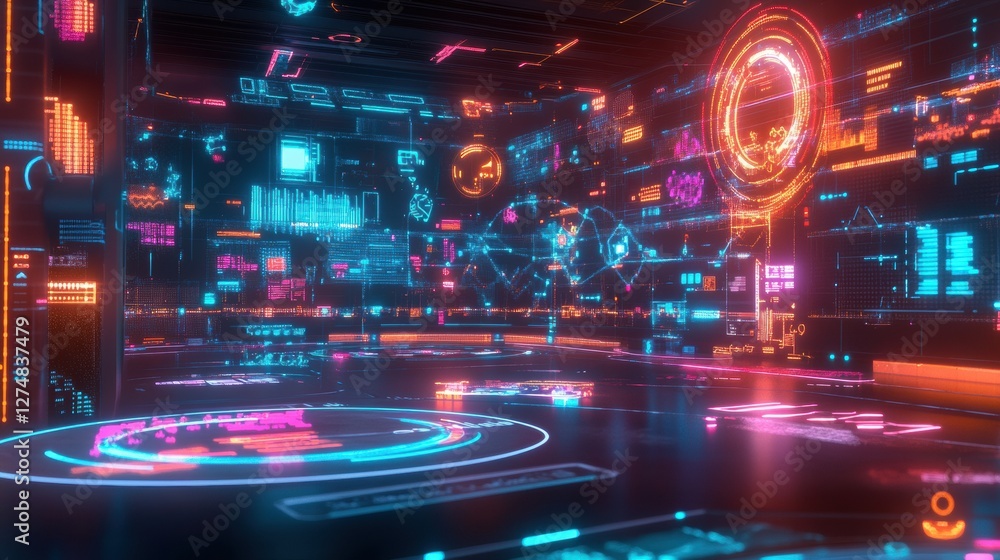 Aufkleber futuristic digital interface with neon lights and data visualization