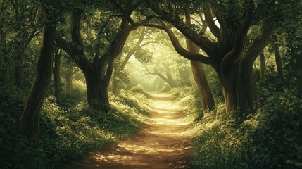 Obraz premium Serene pathway through a lush green forest landscape