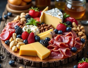 A rustic wooden board filled with fine cheeses, cured meats, nuts, honey, and fresh berries.