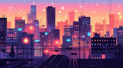 Vibrant Cityscape at Dusk with Neon Lights and Urban Skyline