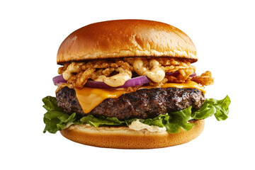Large hamburger with onions and cheese on top, isolated