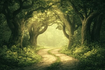 Obraz premium Winding path through a serene and inviting forest landscape