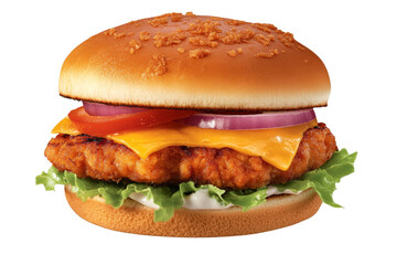 Burger with a lot of meat and cheese on it, isolated