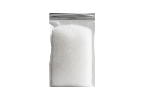 Bag of white powder is sitting on a white background, isolated