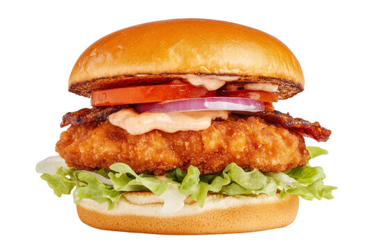 Large hamburger with bacon, lettuce, and tomato, isolated