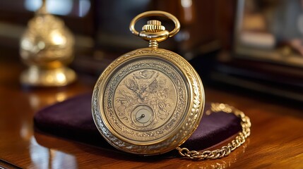 Antique gold pocket watch, ornate design, wooden surface, blurred background, luxury timepiece