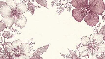 Delicate Floral Frame with Hand-Drawn Hibiscus and Blossoms Artistry