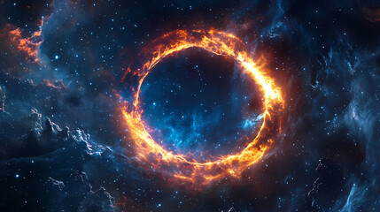 Fototapeta premium Fiery cosmic ring encircles starry nebula space. Magnetic Light Resonance. Illustration