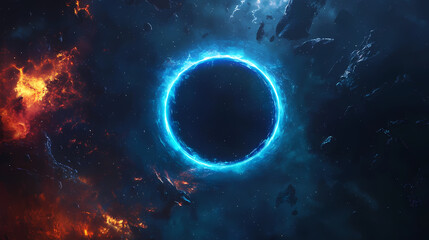 Naklejka premium Glowing blue circle illuminates dark space, solar eclipse with fiery energy ring. Magnetic Light Resonance. Illustration
