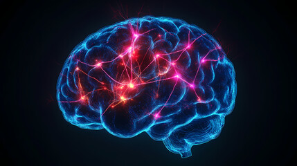 Human brain with electrical activity, colored neurons glowing on black background. Magnetic Light Resonance. Illustration