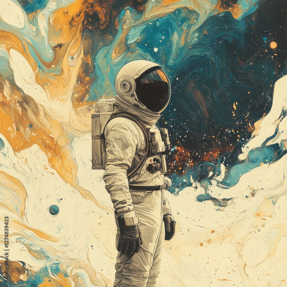 Poster astronaut stands in surreal space with nebula background