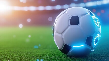 Naklejka premium Futuristic Soccer Ball on Green Field at Night