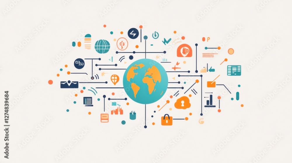Poster global technology network with icons representing digital connectivity