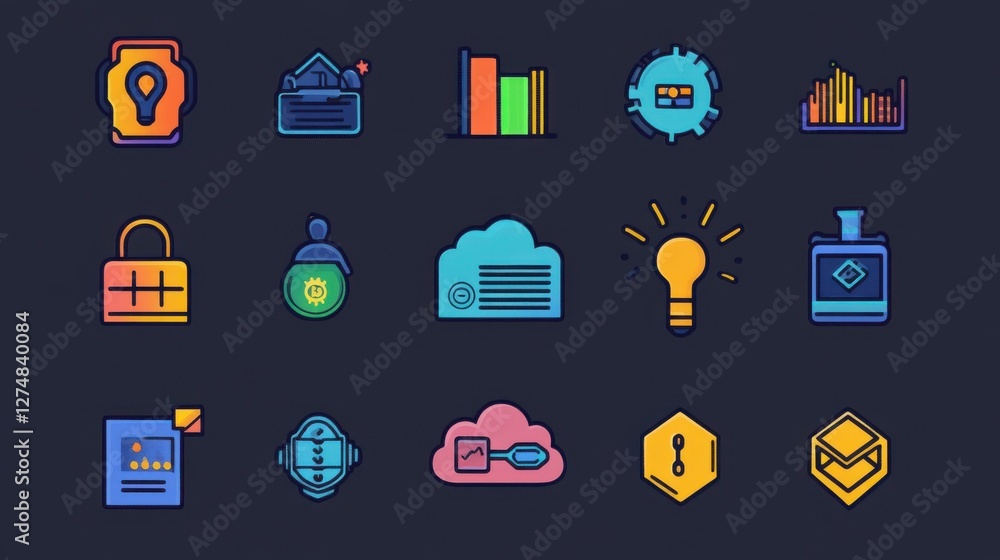 Poster colorful set of icons representing technology and security concepts
