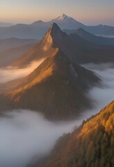 Fototapeta premium Generative AI Majestic Mountains Landscape Sunrise Autumn Scenery mountain mountains landscape autumn fog sunrise forest peak scenery golden foliage snow-capped vertical serenity adventure