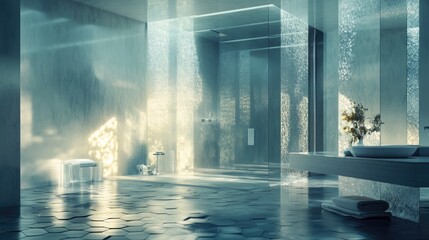 Modern Hexagon Tile Bathroom with Glass Shower and Soft Teal Lighting