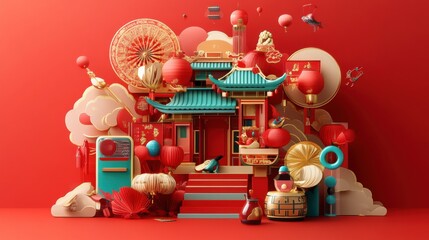 Vibrant Chinese New Year Celebration with Decorations and Festivities