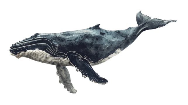 Majestic Whale Illustration Isolated on PNG Transparent Background. Ocean, Marine, Aquatic, Giant
