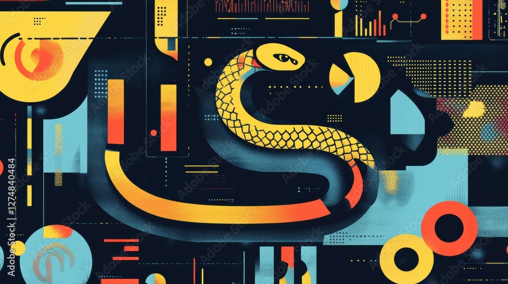 Poster abstract color snake illustration with geometric elements and patterns