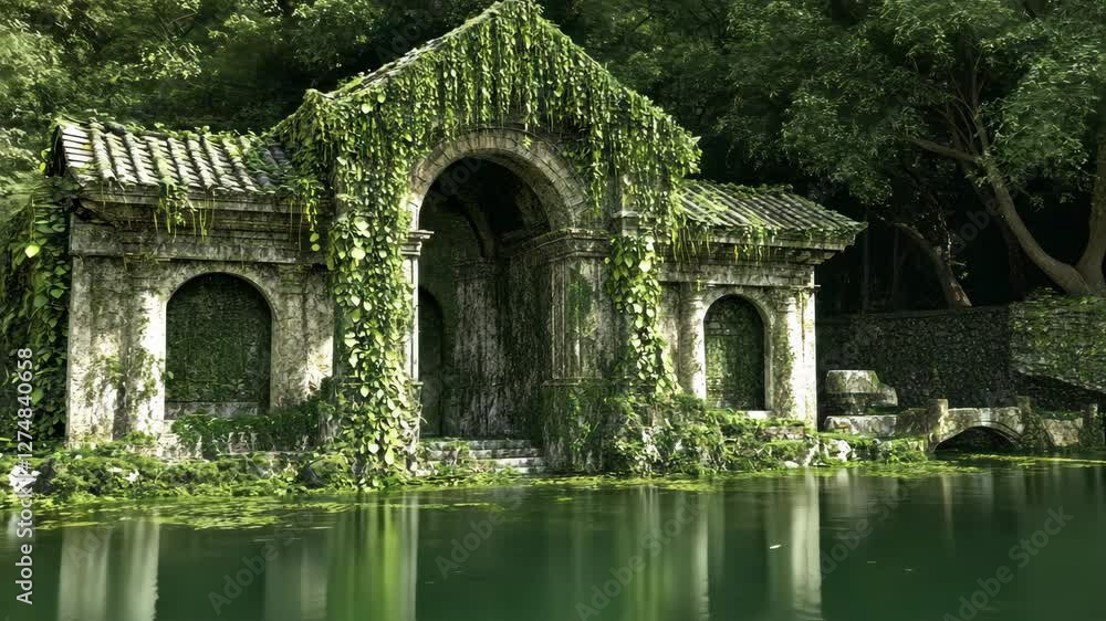 Poster abandoned structure overgrown with lush greenery on the edge of a tranquil body of water in a serene