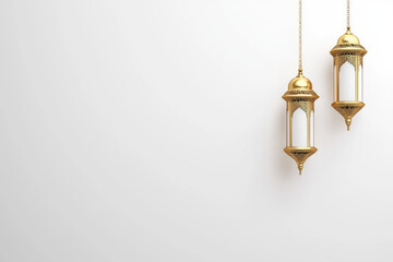 Obraz premium Two elegant gold lanterns hang against a clean white background, offering space for text or design elements.