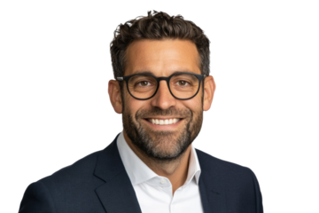 Man wearing glasses and a suit is smiling for the camera, isolated