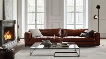 Modern Living Room with Brown Leather Sofa and Fireplace