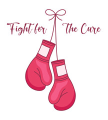 "FIGHT FOR THE CURE" phrase with pink boxing gloves on ribbon with bow, breast cancer day design, graphic element