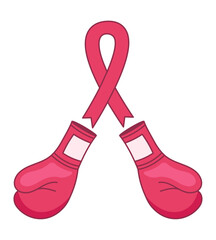 Pink boxing gloves crossed with a breast cancer ribbon, symbol of hope and courage.