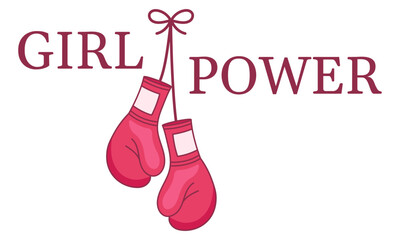Hanging pink boxing gloves with text “Girl Power”, symbolizing female strength and confidence.