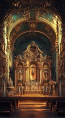 Fototapeta premium Lavishly decorated church interior displays ornate gold details