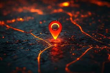 Glowing Location Pin on Fiery City Map