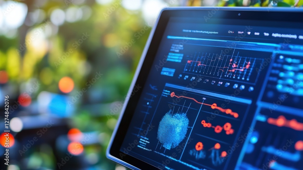 Poster data visualization and analytics insights on a laptop outdoor environment technology display clear v