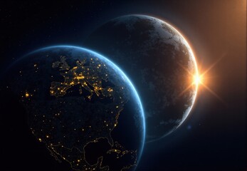 Earth and Exoplanet at Sunrise with City Lights