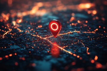 Glowing map pin over fiery city; navigation concept