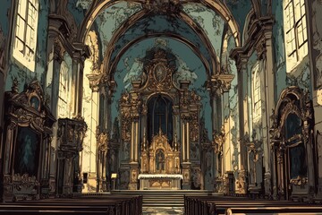 Obraz premium Ornate baroque church interior showcases golden altar and pews