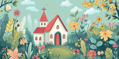 Illustration of a charming church surrounded by vibrant wildflowers