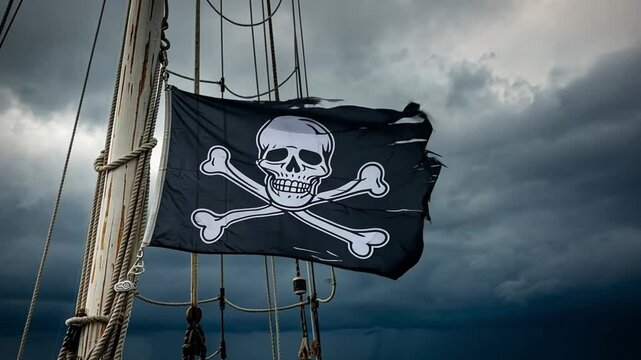 A dilapidated Pirate flag flies on a ship&rsquo;s mast as ominous storm clouds loom ominously in the background.