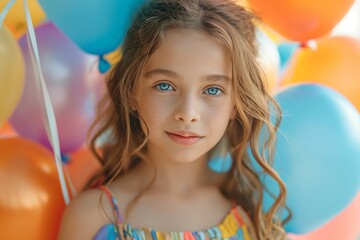 Obraz premium A young girl with long brown hair and blue eyes smiles at the camera, surrounded by vibrant balloons in pastel shades.