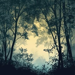 Fototapeta premium Sunlight shines through the dense trees in a dark forest