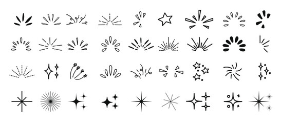 Doodle line sparkles and rays. Vector illustration.