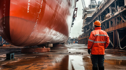 Male construction worker observing a large cargo ship in a shipyard during a cloudy day.