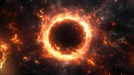 A fiery black hole with a swirling ring of light in the middle of space. Magnetic Light Resonance. Illustration