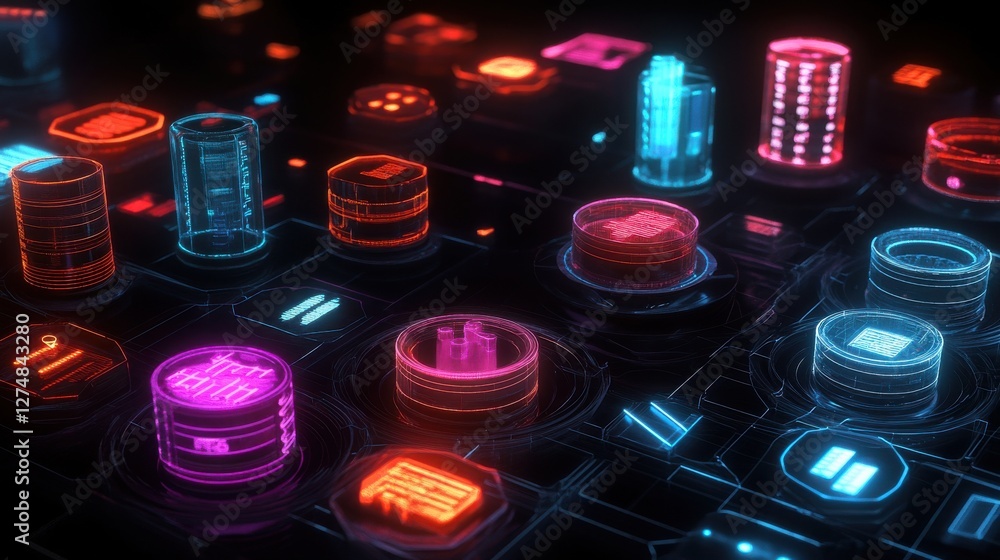 Poster futuristic neon interface with digital icons and data visualizations